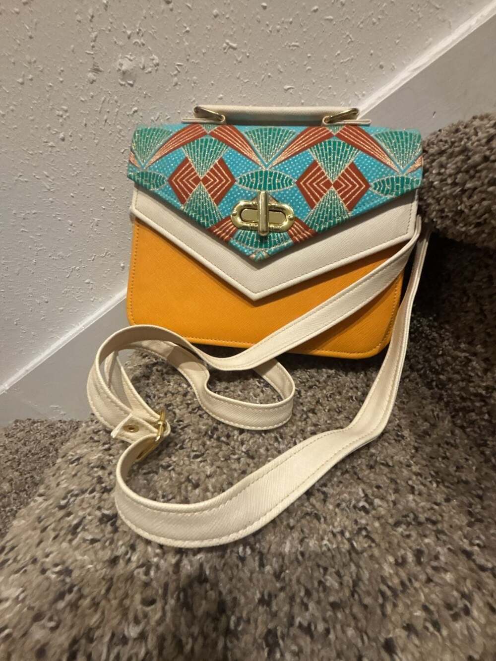 Dr. Pachanga Orange White and Turquoise Art Deco Print Crossbody Handbag